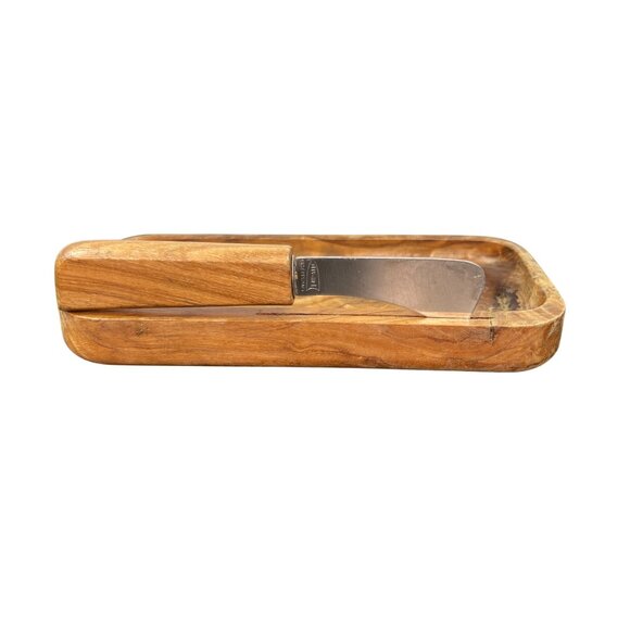 Vintage Oliv-Art Olive Wood Butter Dish with Metal Knife Made in Spain - Picture 4 of 7